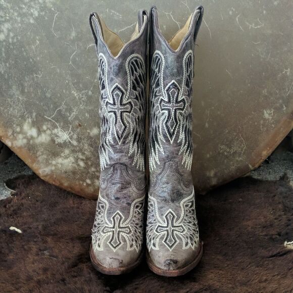 CORRAL A1241 distressed taupe/black winged cross black sequins cowgirl boots 7.5 - Picture 8 of 16